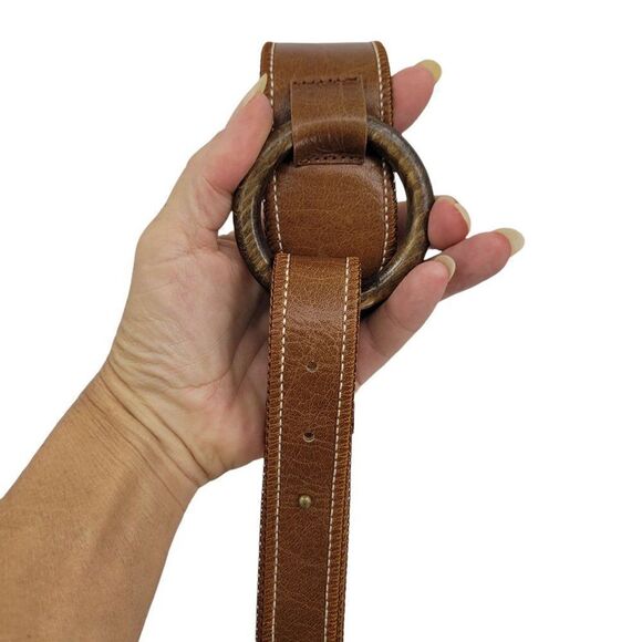 Vtg 80's Olsen Europe Belt Leather Country Boho Fold Over O-ring Tab Brown M - Picture 3 of 8